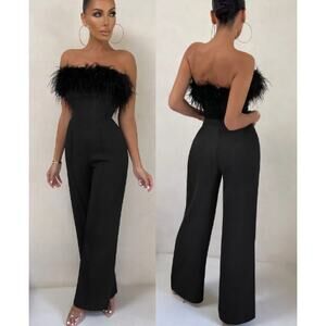 Club L First Class Bandeau Feather Wide Leg Jumpsuit Black Women's Size US 2